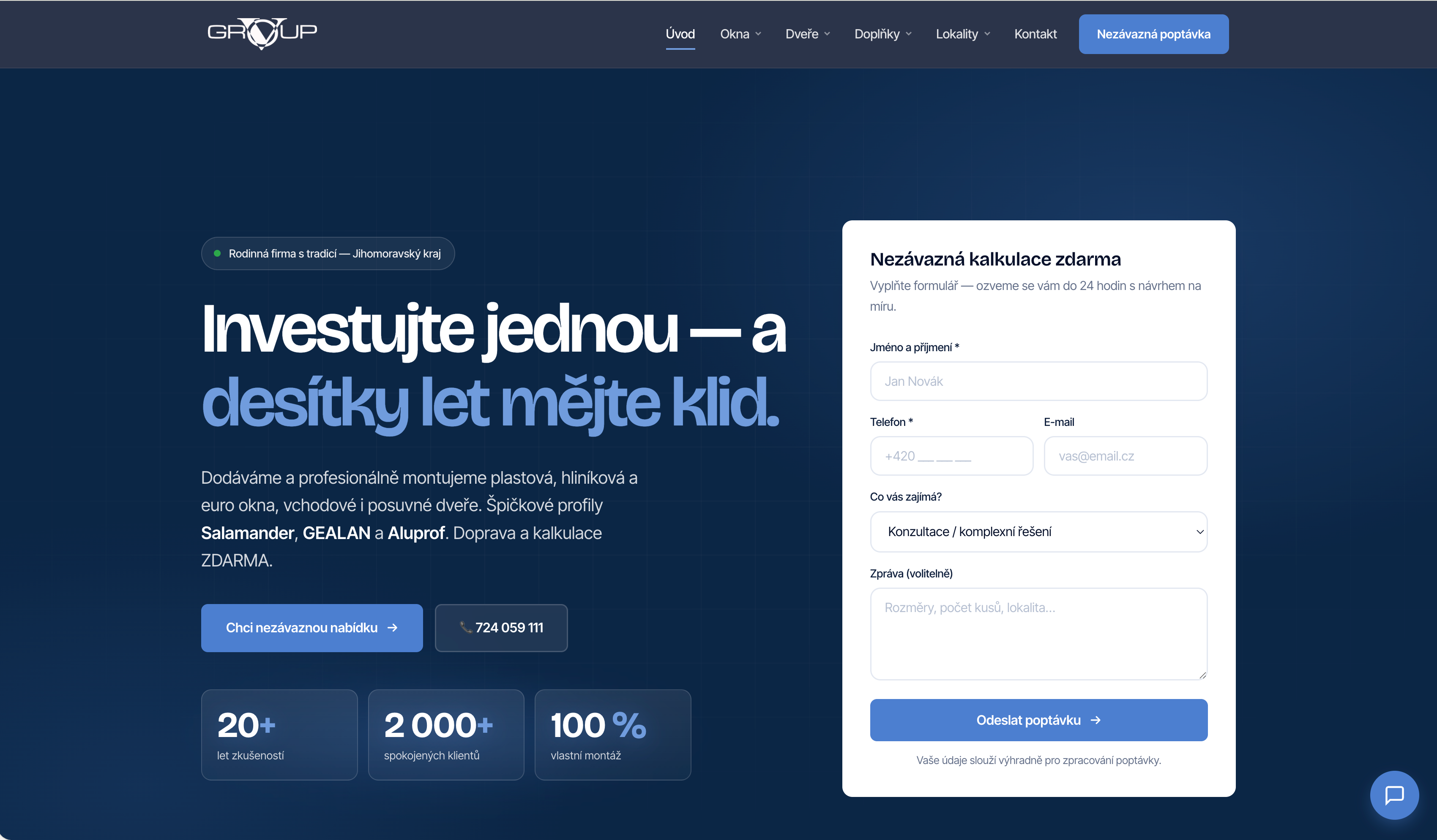 Web v-group.cz — okna a dveře, Jihomoravský kraj. Realizace Matěj Krčka.
